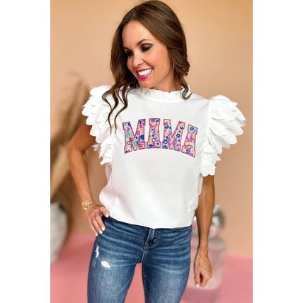 White MAMA Leopard Embroidered Layered Scalloped Sleeve Top