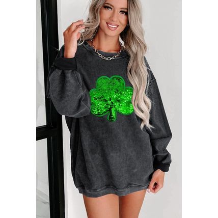 Black Sequin Embroidered Clover Corded Sweatshirt