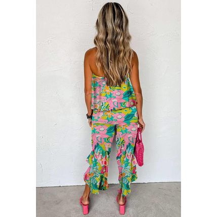 Green Mix Tropical Print Strapless Ruffled Jumpsuit