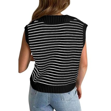 Black Stripe Turn-down V Neck Sweater Tank Top