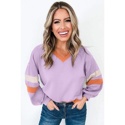 Orchid Bouquet Contrast Rib Knit Patchwork Drop Shoulder V Neck Sweatshirt