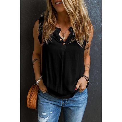 Black Button Split Neck Ruffled Trim Tank Top