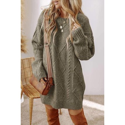 Mist Green Cable Knit Drop Shoulder Loose Fit Sweater Dress