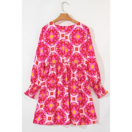 Strawberry Pink Geometric Print Smocked Long Sleeve Mini Dress