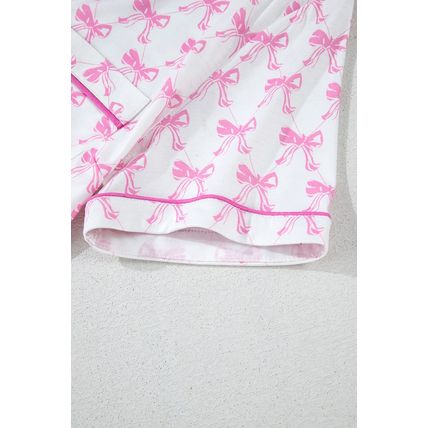 Pink Bowknot Printed Short Sleeve and Ruffled Shorts Valentines Pajama Set