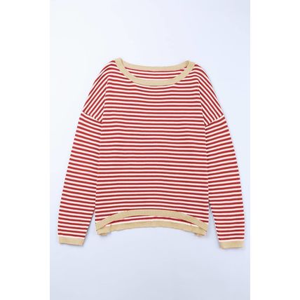 Fiery Red Contrast Trimmed Striped Drop Shoulder Sweater