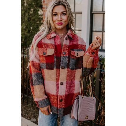 Orange Plaid Print Flap Pockets Buttoned Casual Plus Size Jacket