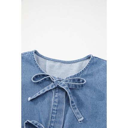 Dusk Blue Tied Front Bubble Sleeve Peplum Denim Shirt