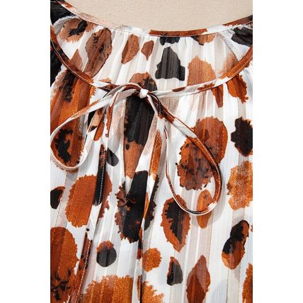 Brown Metallic Threading Accents Pleated Abstract Printed Ruffled 3/4 Sleeve Blo