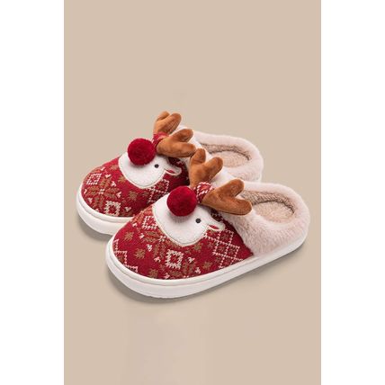 Fiery Red Christmas Cartoon Reindeer Plush Home Slippers
