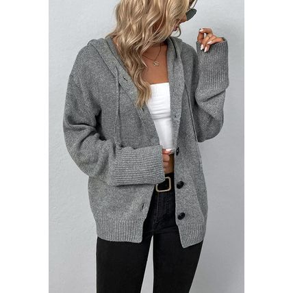 Medium Grey Drawstring Hooded Button Up Drop Shoulder Sweater Cardigan
