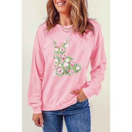 Pink Floral Bunny Printed Crewneck Easter Fashion Sweatshirt