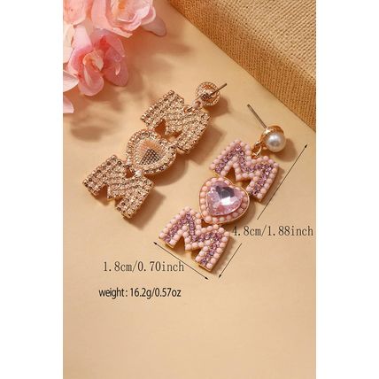 Light Pink Rhinestone Beaded Heart MOM Earrings