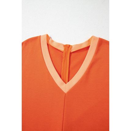 Russet Orange Two-tone Short Sleeve V Neck Patched Pocket Loose Romper