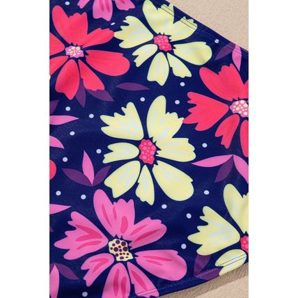 Rose V Neck Ruffled Hem Floral Bottom Tankini Set