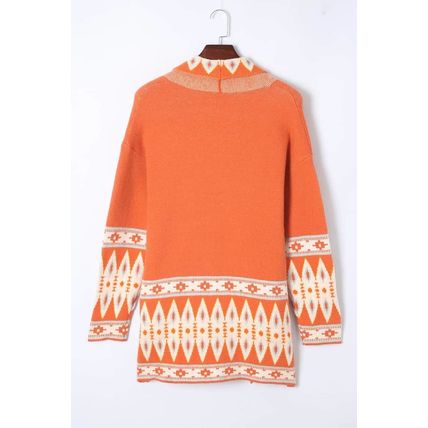 Orange Printed Aztec Print Open Front Knitted Cardigan