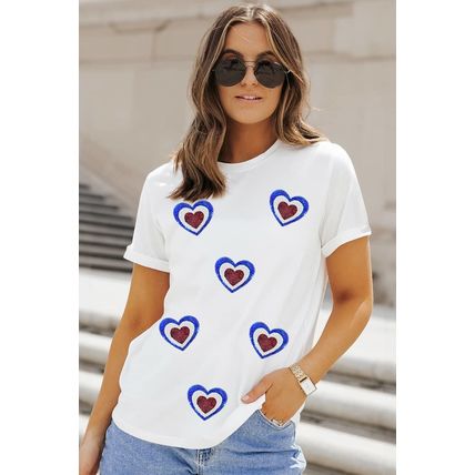 White Sequin Patriotic Heart Graphic Crewneck T Shirt