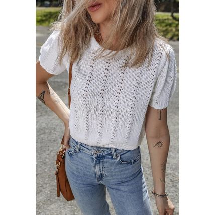 White Pointelle Knit Short Puff Sleeve Crewneck Sweater