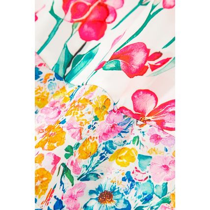 Pink Floral Print Striped Detail Split Neck Short Sleeve Blouse