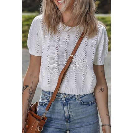 White Pointelle Knit Short Puff Sleeve Crewneck Sweater