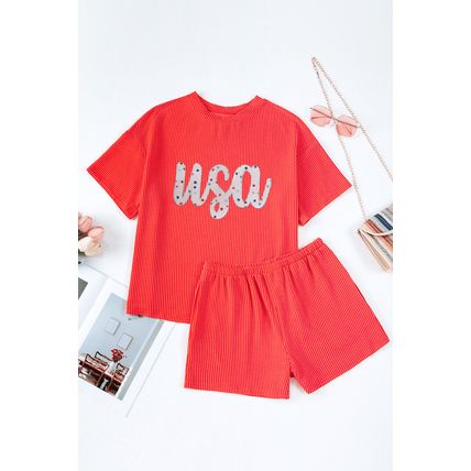 Orange Star USA Embroidered Corded T Shirt and Shorts Set