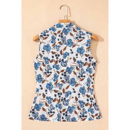 Sky Blue Floral Print Knotted V Neck Elegant Tank Top