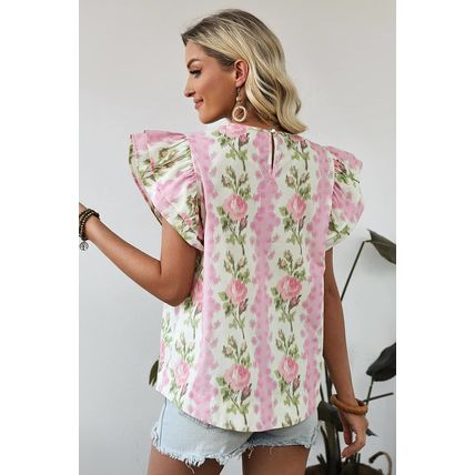 Pink Floral Print Ruffled Sleeve Summer Top