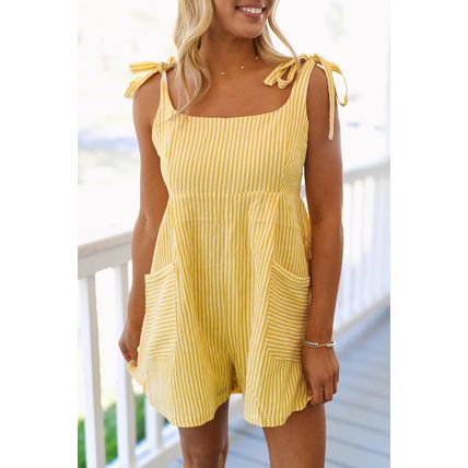 Yellow Stripe Shoulder Tie Smocked Back Wide Leg Casual Romper