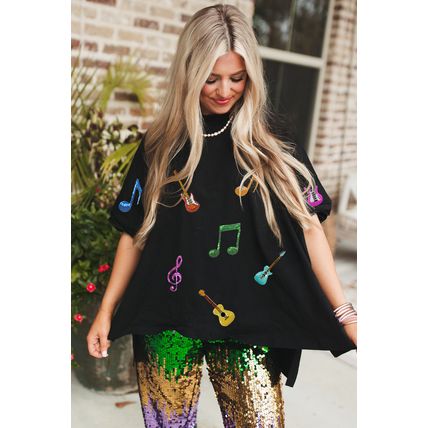 Black Guitar Music Notes Patched Graphic Oversize Tee