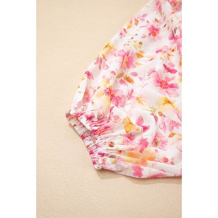 Pink Floral Print Tassel Tie Smocked V Neck Puff Sleeve Tunic Blouse