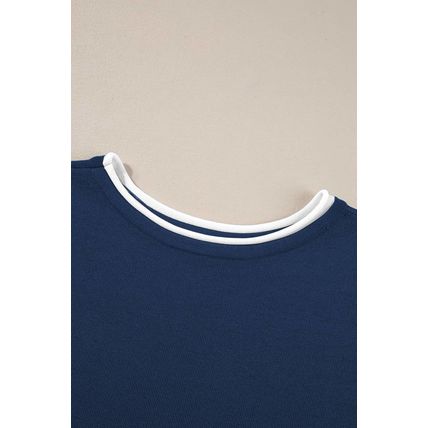 Navy Blue Contrast Trim Half Sleeve Top Drawstring Pants Loose 2pcs Sweater Suit