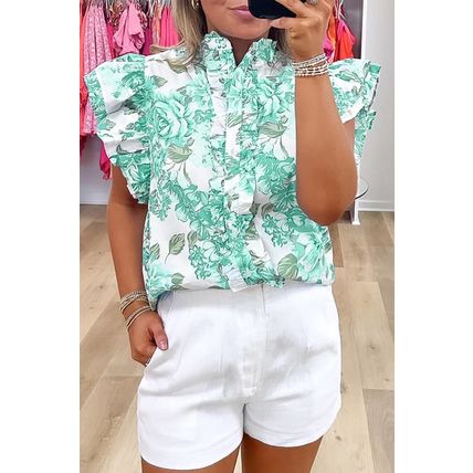 Green Floral Print Ruffle Sleeve Frilly Button Up Shirt