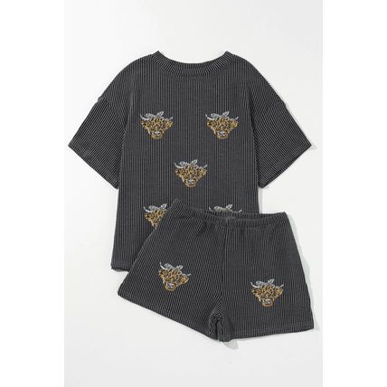 Carbon Grey Sequin Heifer Patched 2pcs Twisted Ribbed Casual Short Set