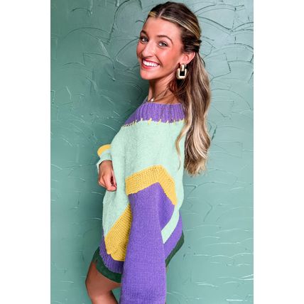 Green Stitched V Neck Color Block Knitted Drop Shoulder Sweater
