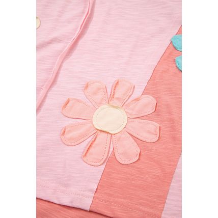 Pink Flower Patched Exposed Seam Bracelet Sleeve Oversized T Shirt