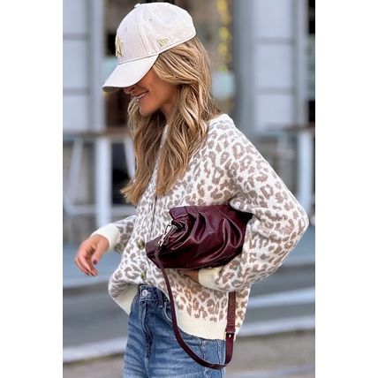 Khaki Leopard Drop Shoulder Chunky Knitted Cardigan Sweater