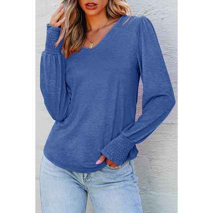 Sky Blue Shirred Shoulder Frilled Cuffs Long Sleeve Top