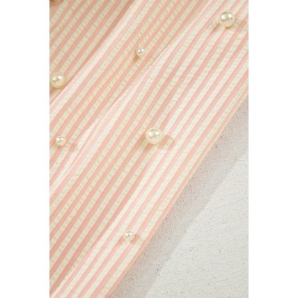Pink Stripe Bow Knot Cuff Pearl Embellished Puff Sleeve V Neck Blouse