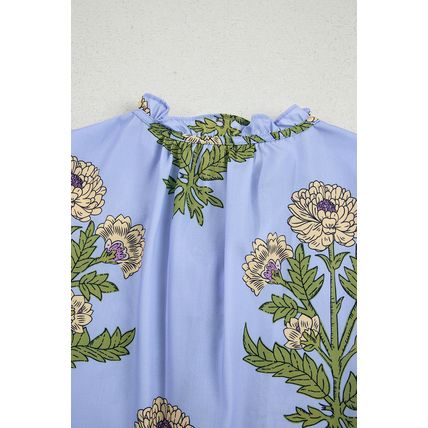 Sky Blue Floral Print Button Tie Neck Long Puff Sleeve Blouse