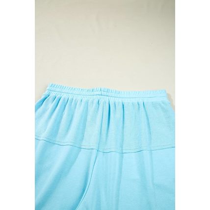 Aruba Blue Plus Size Solid Color Splicing Raw Hem Pullover Top Shorts Set