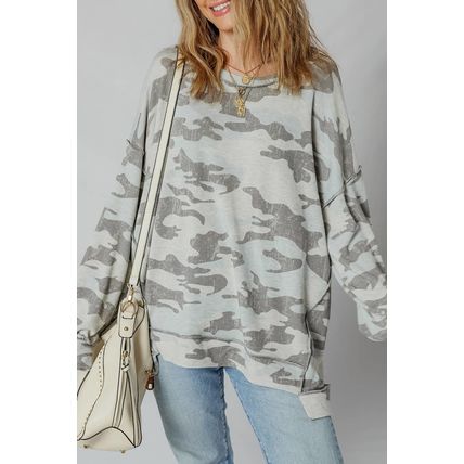Multicolour Retro Camouflage Print Exposed Seam Patchwork Drop Shoulder Sweatshi