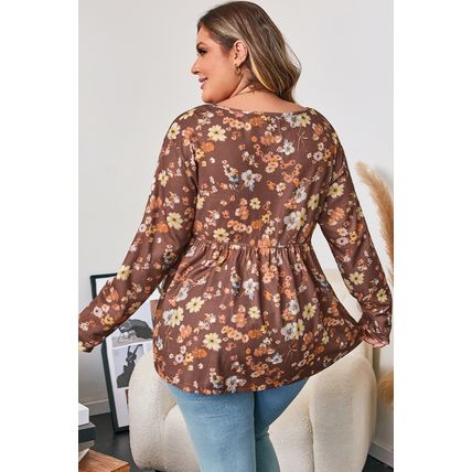 Khaki Floral Textured Tied Neck Long Sleeve Plus Size Babydoll Blouse