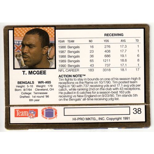 1991 Action Packed NFL Football card 38 Tim McGee - Bengals
