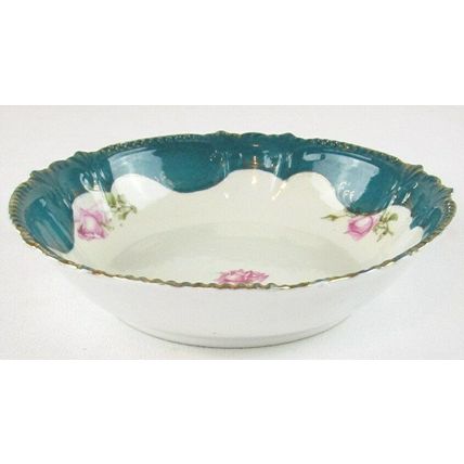 Vintage Hand Painted Green with Roses 8-1/8" Round Vegetable Serving Bowl