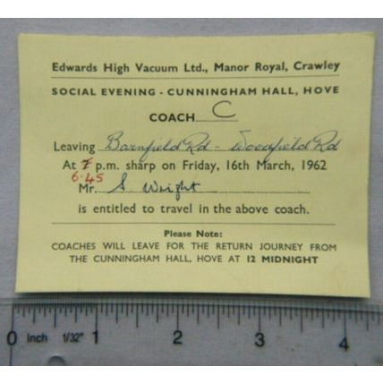 1962 Edwards High Vacuum Crawley, coach ticket Hove