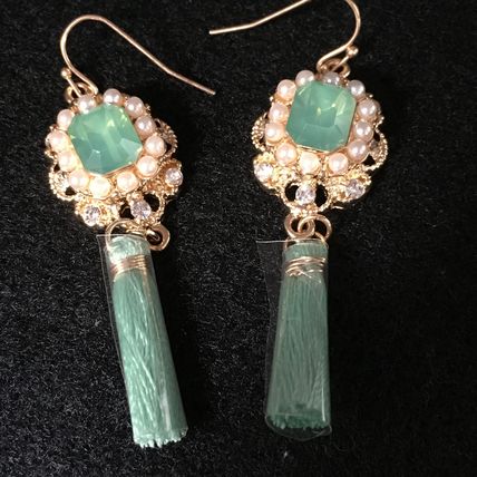 Earrings Pearl Accent Faux Gem Tassel Drop - Mint #365 USA Seller