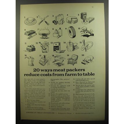 1952 American Meat Institute Ad - 20 ways meat packers reduce costs from farm