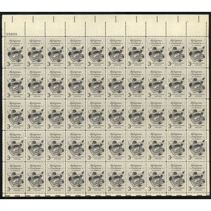 Religious Freedom Sheet of Fifty 3 Cent Postage Stamps Scott 1099