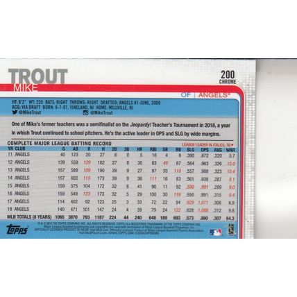 MIKE TROUT 2019 AUTOGRAPHED LOS ANGELES ANGELS ALL-STAR MVP OUTFIELDER CARD