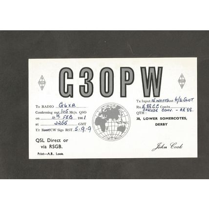 QSL Card G3OPW John Cook 38 Lower Somercotes Derby